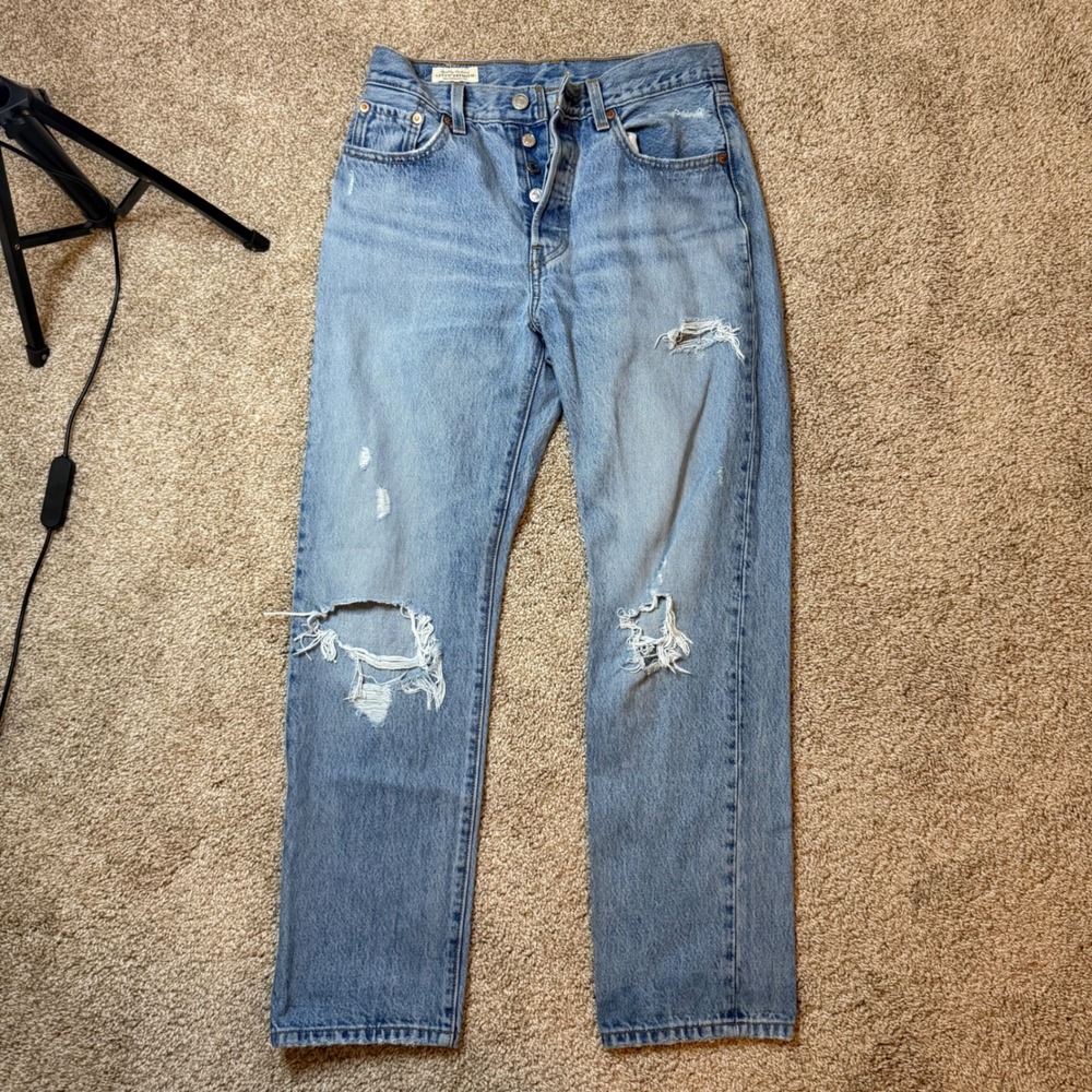 Levi's 501 Original Fit Jeans Women 25 Light Blue Distressed Ripped Button Fly